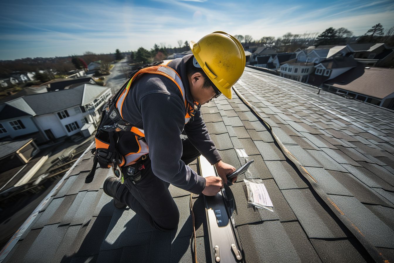 Professional roofer measuring roof with tape measure using wide-angle lens. Professional roofer measuring roof with tape measure using wide-angle lens.