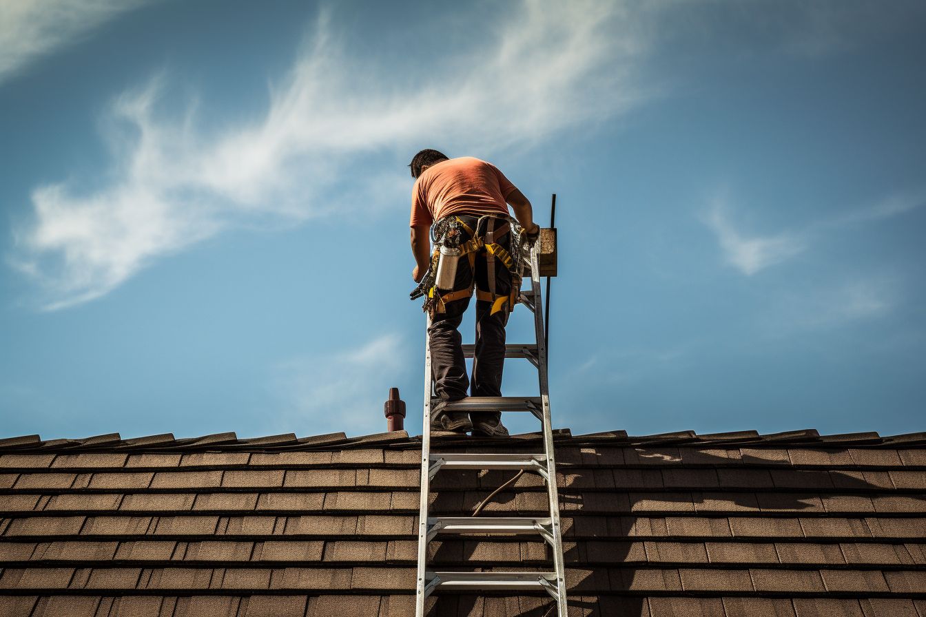 An East Asian roofer measuring a roof with a tape measure. An East Asian roofer measuring a roof with a tape measure.