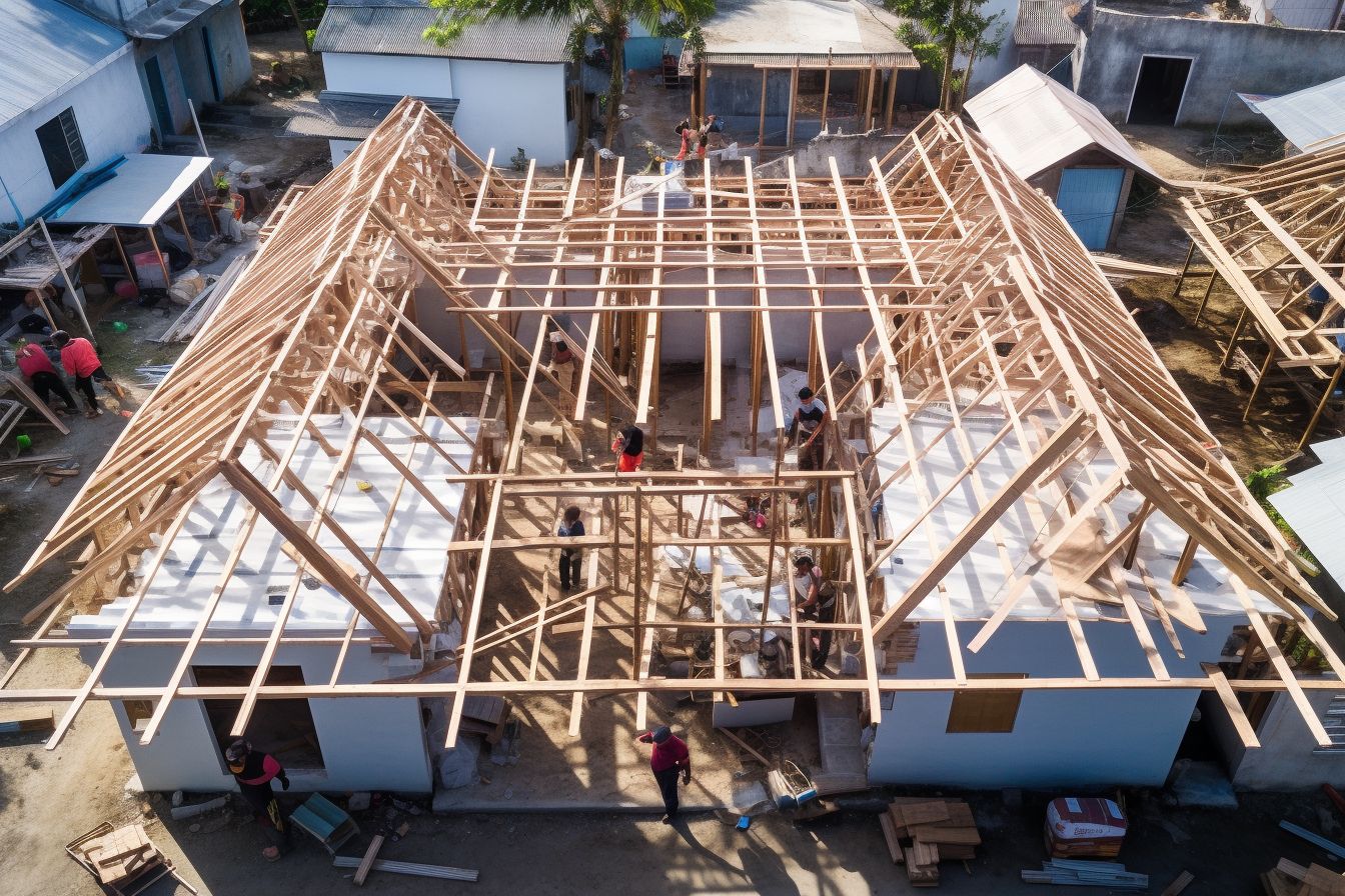 Aerial view of building construction with various roof trusses being installed.