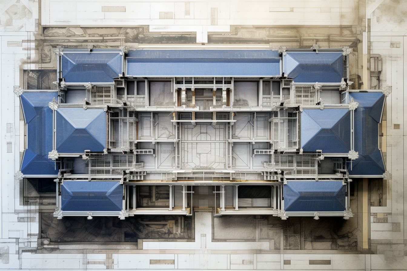 An aerial photo of an architectural blueprint of an East Asian building.