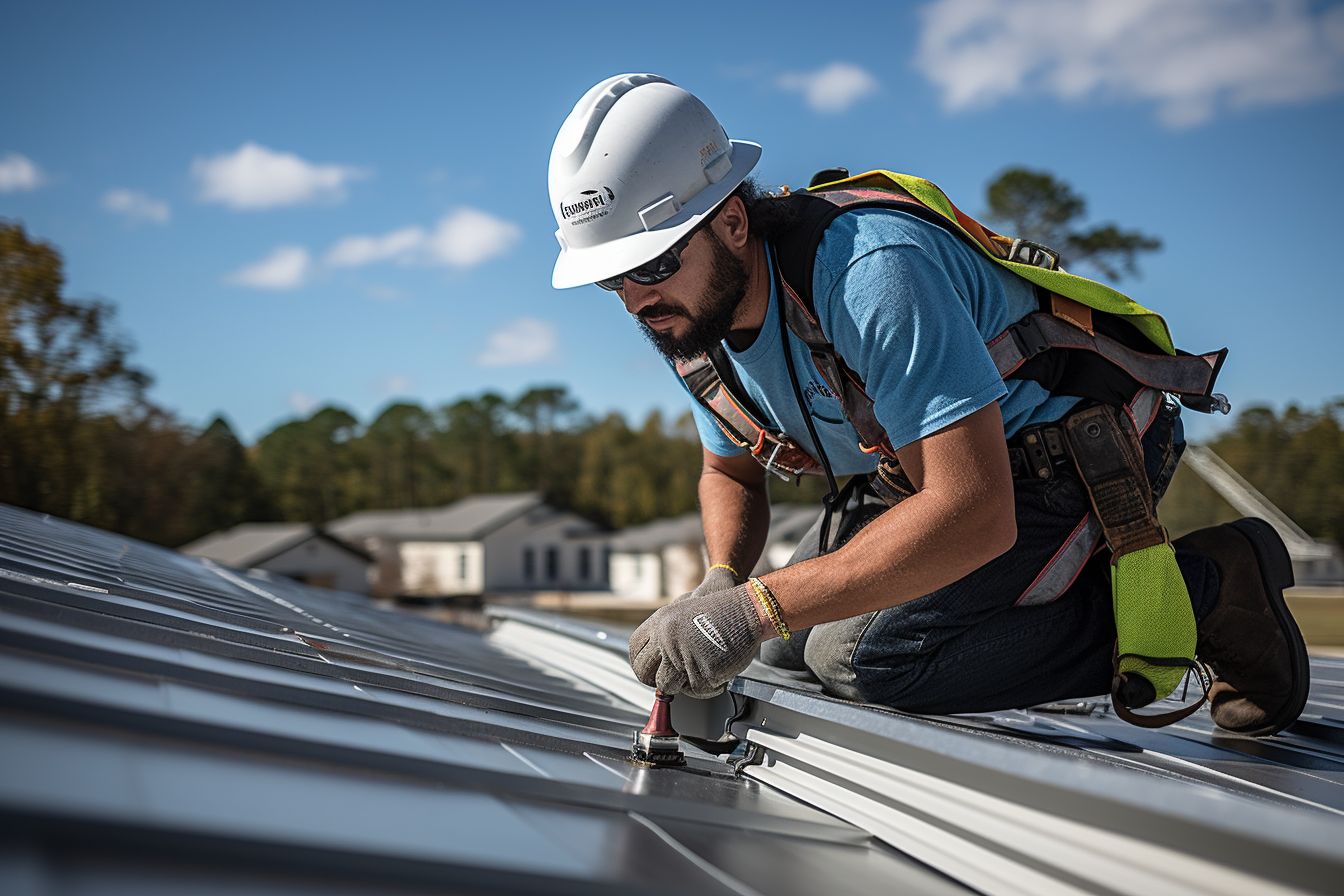 A roofing contractor installs metal roof flashing on a residential rooftop. A roofing contractor installs metal roof flashing on a residential rooftop.