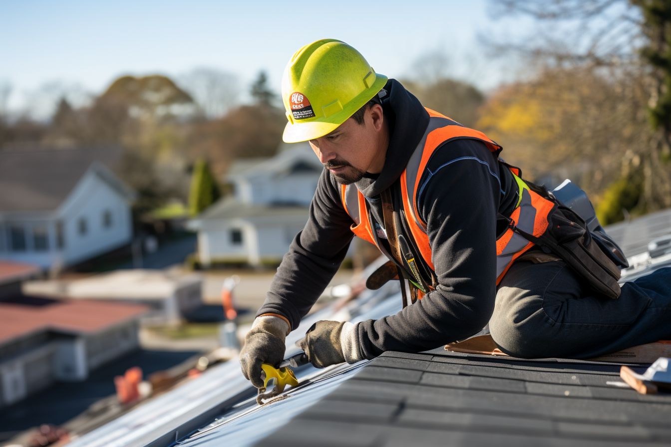 A construction worker installing roof flashing in a residential neighborhood. A construction worker installing roof flashing in a residential neighborhood.