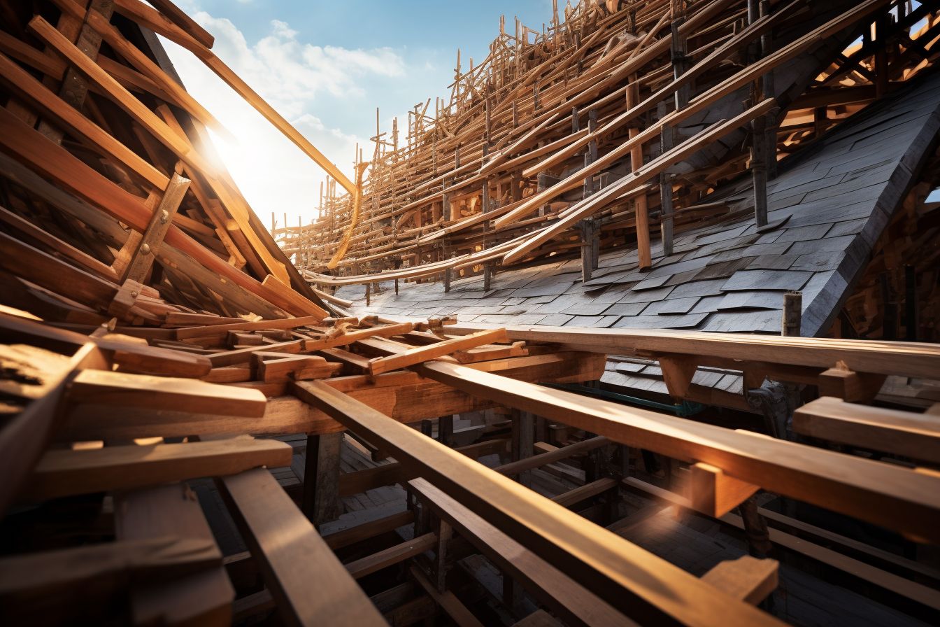 A roof under construction with various types of flashing materials. A roof under construction with various types of flashing materials.