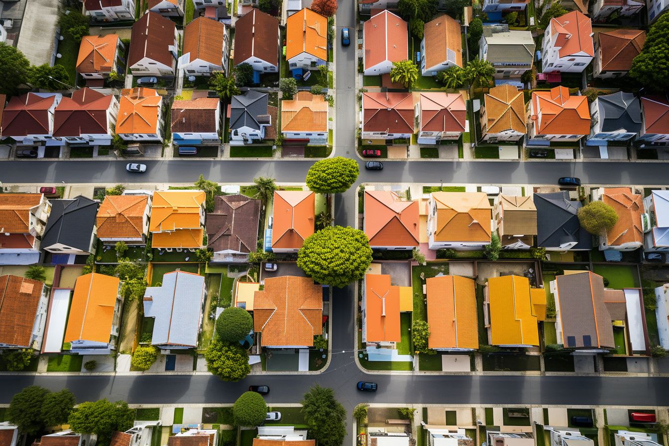 Aerial view of residential neighborhood with diverse roofing styles. Aerial view of residential neighborhood with diverse roofing styles.