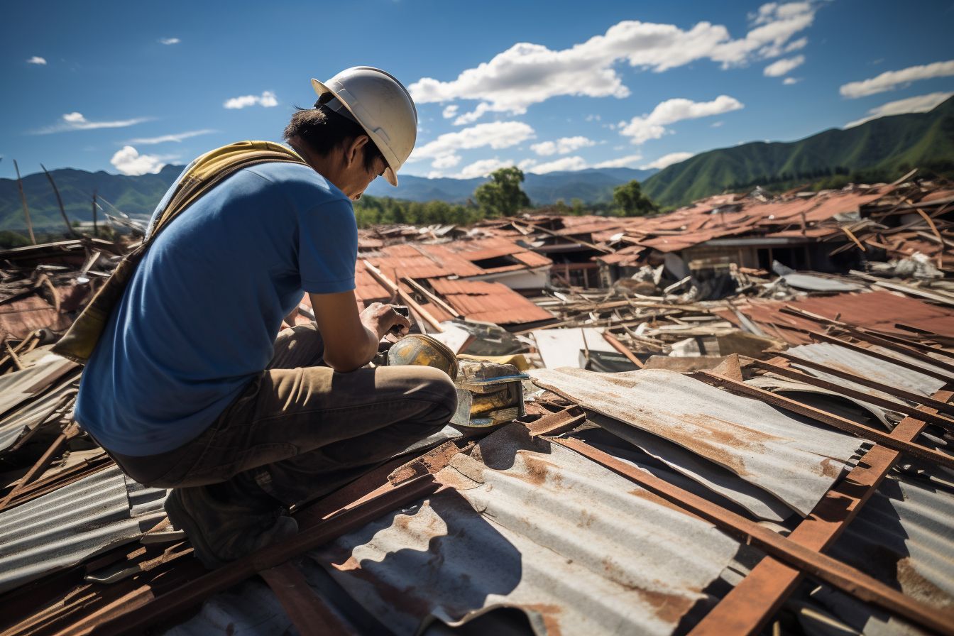 A construction worker inspecting a damaged roof for repairs. A construction worker inspecting a damaged roof for repairs.