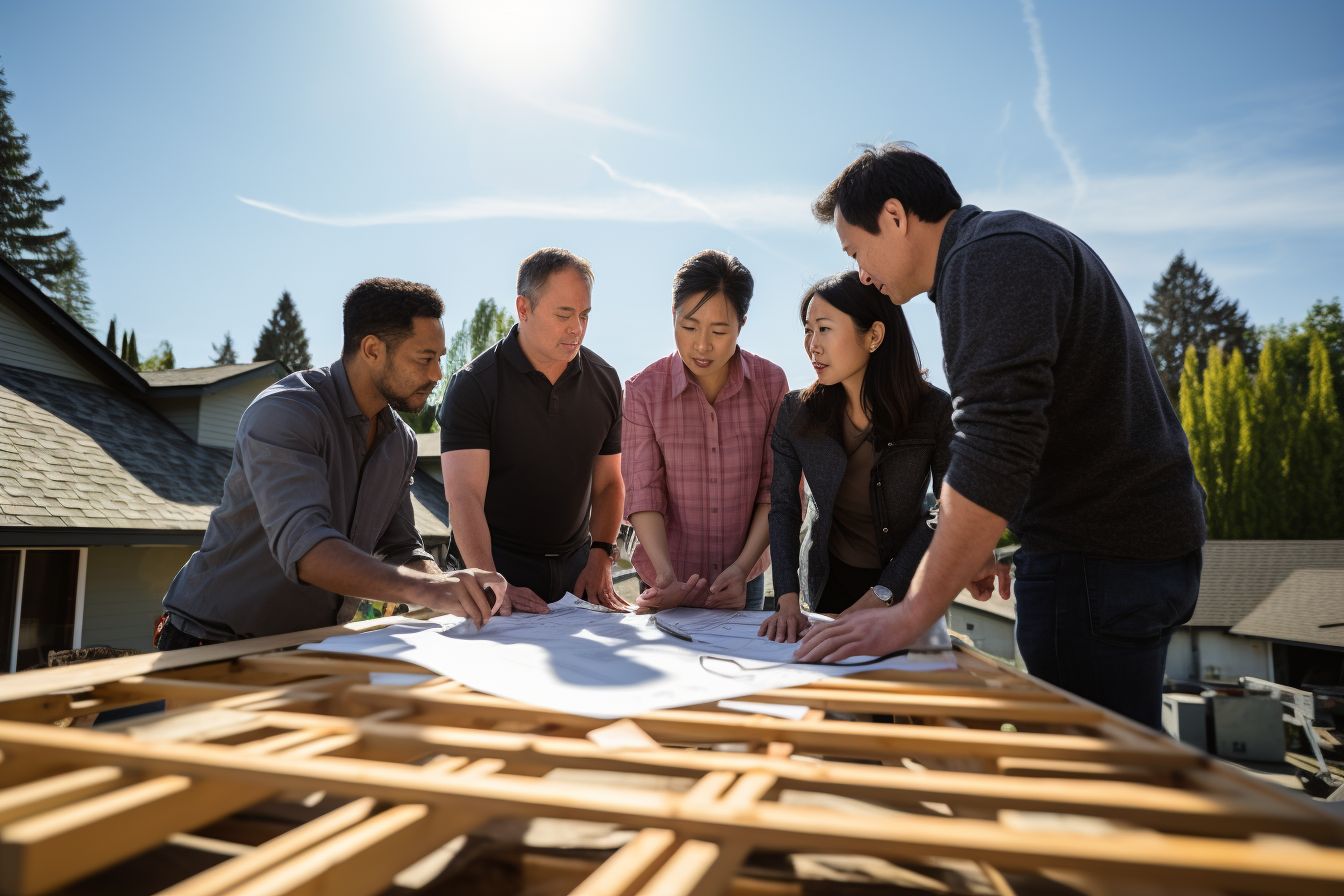 A diverse group of homeowners reviewing roofing materials and quotes. A diverse group of homeowners reviewing roofing materials and quotes.