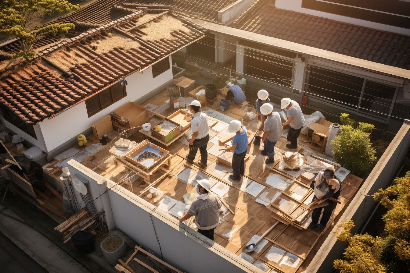 Roofers of East Asian ethnicity working on a house from above. Roofers of East Asian ethnicity working on a house from above.