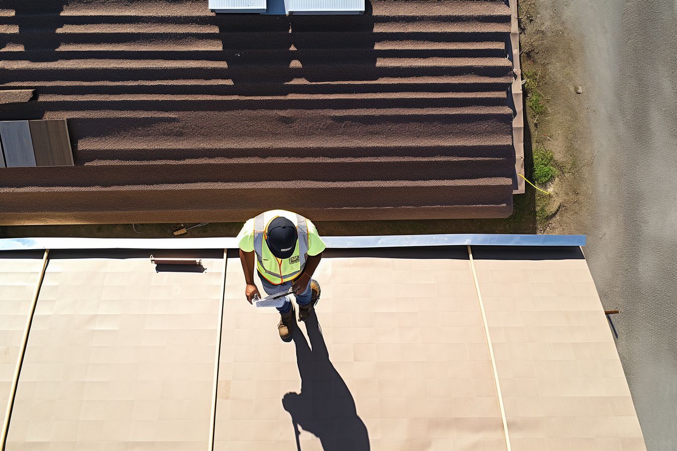 A contractor inspecting a roof using a drone camera. A contractor inspecting a roof using a drone camera.