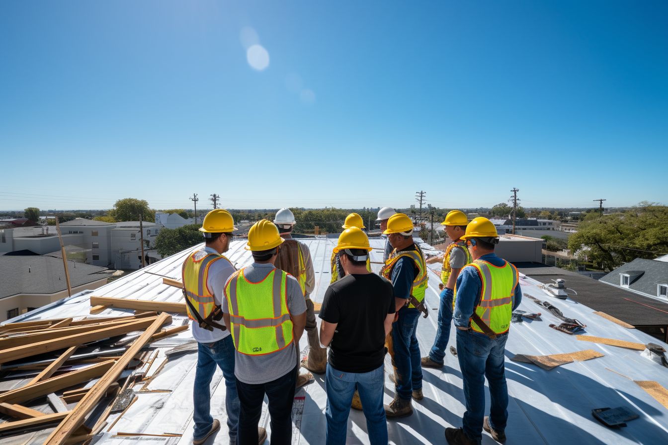 Diverse workers inspect newly installed roof wearing safety gear. Diverse workers inspect newly installed roof wearing safety gear.