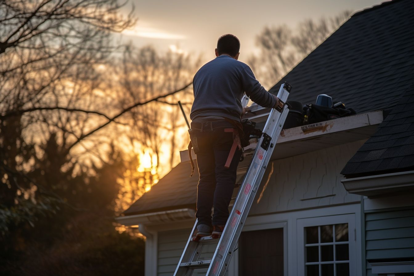 A homeowner of East Asian ethnicity inspecting their roof for maintenance.
