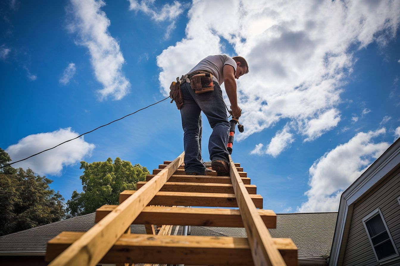 East Asian homeowner installs shingles on roof using ladder.
