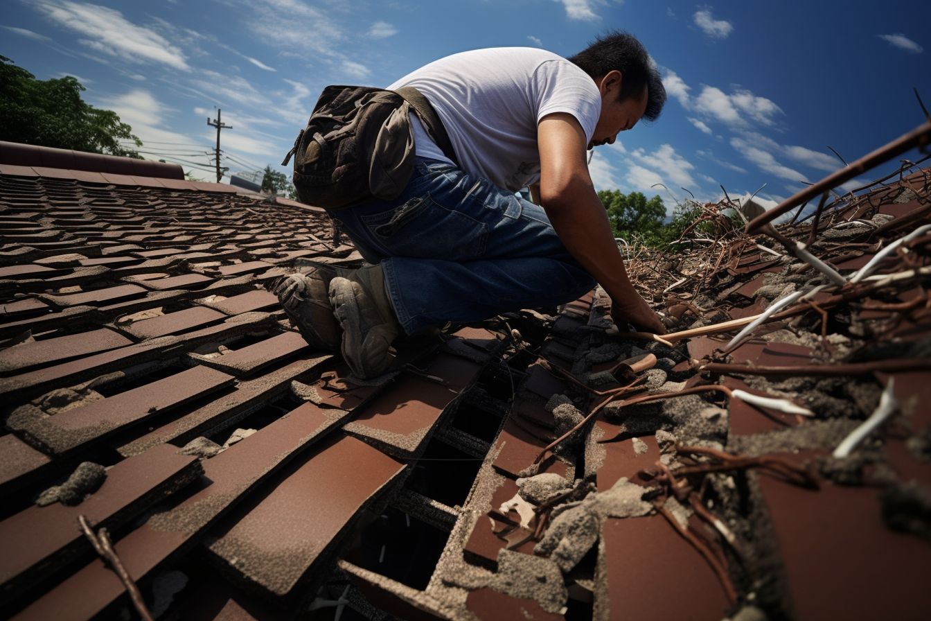 A roofer of East Asian ethnicity examining damaged roof shingles.