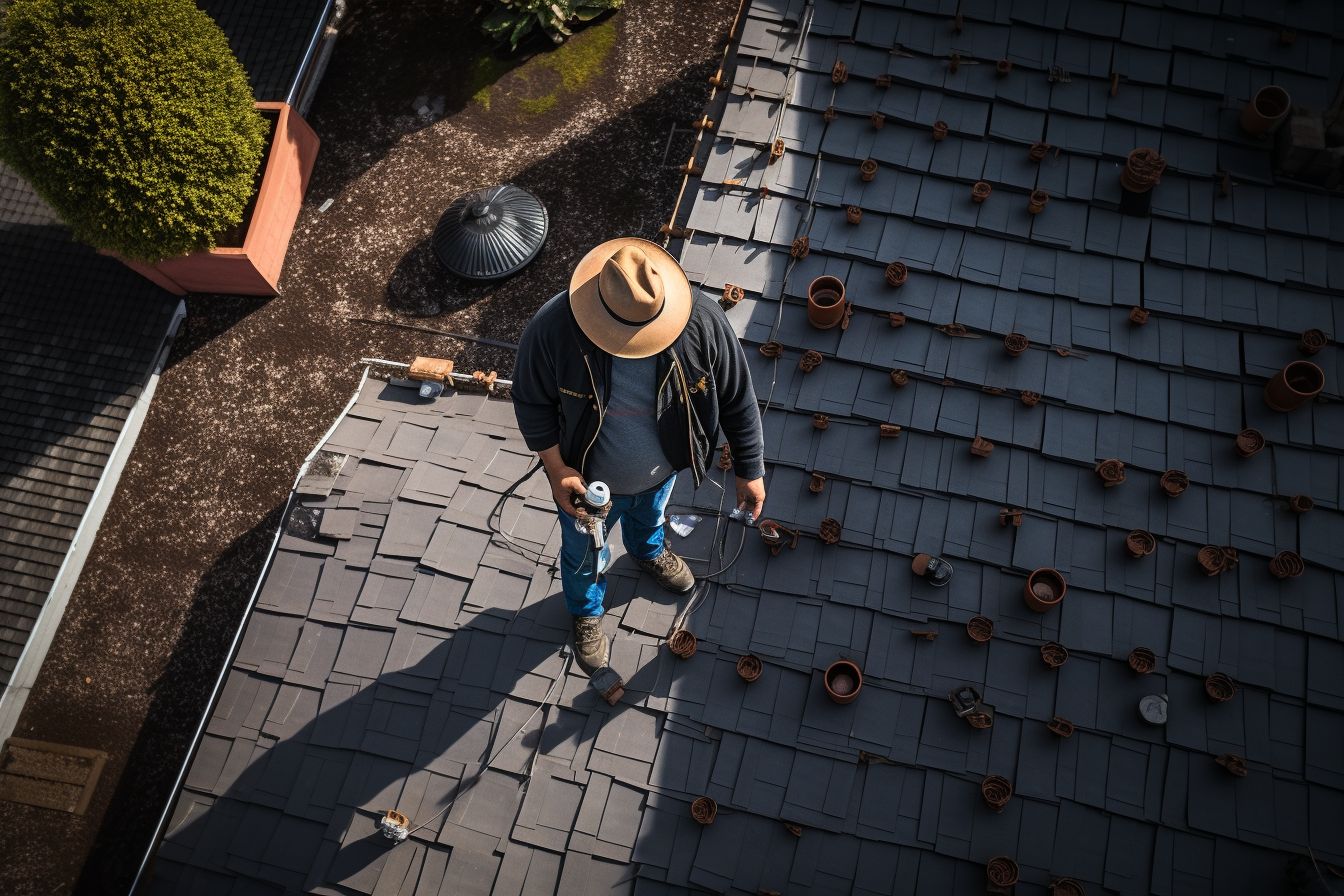 A roofer inspecting a well-maintained roof using a drone. A roofer inspecting a well-maintained roof using a drone.