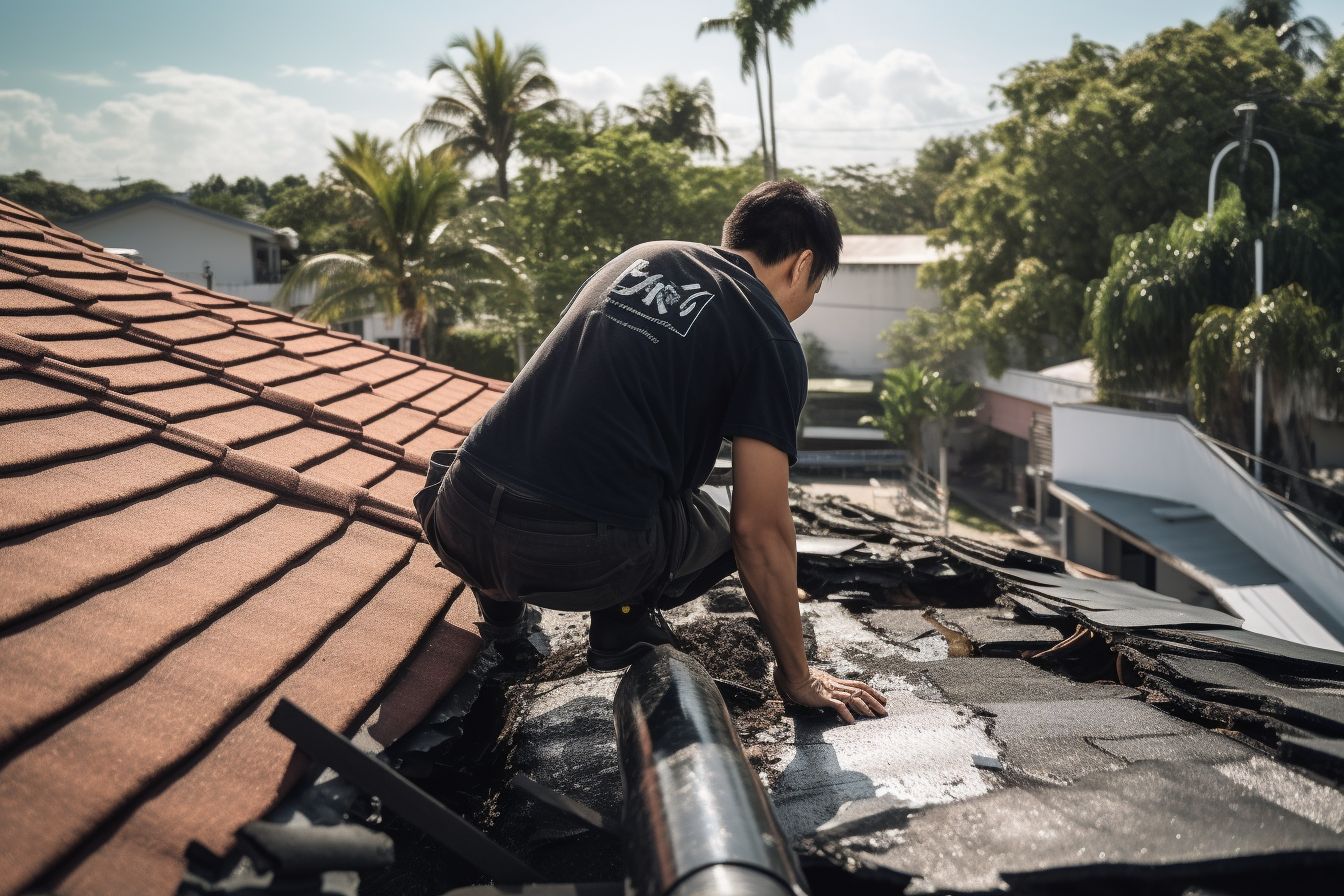 Professional roofing contractor inspecting a sagging roof in a wide-angle photo. Professional roofing contractor inspecting a sagging roof in a wide-angle photo.