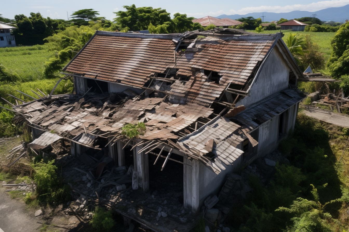 Aerial photo of a house with a sagging roof and structural damage. Aerial photo of a house with a sagging roof and structural damage.