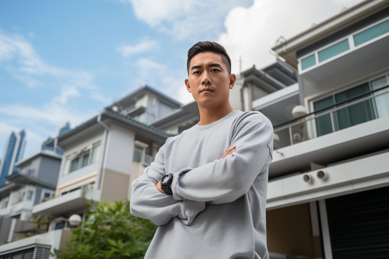 Confident homeowner with a cityscape background, East Asian ethnicity. Confident homeowner with a cityscape background, East Asian ethnicity.