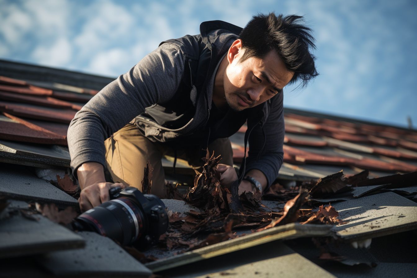 A roofer inspecting a damaged roof with missing shingles. A roofer inspecting a damaged roof with missing shingles.