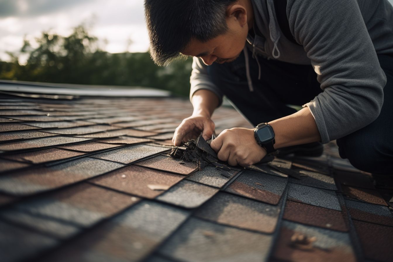A roofer inspecting a damaged roof with missing shingles. A roofer inspecting a damaged roof with missing shingles.