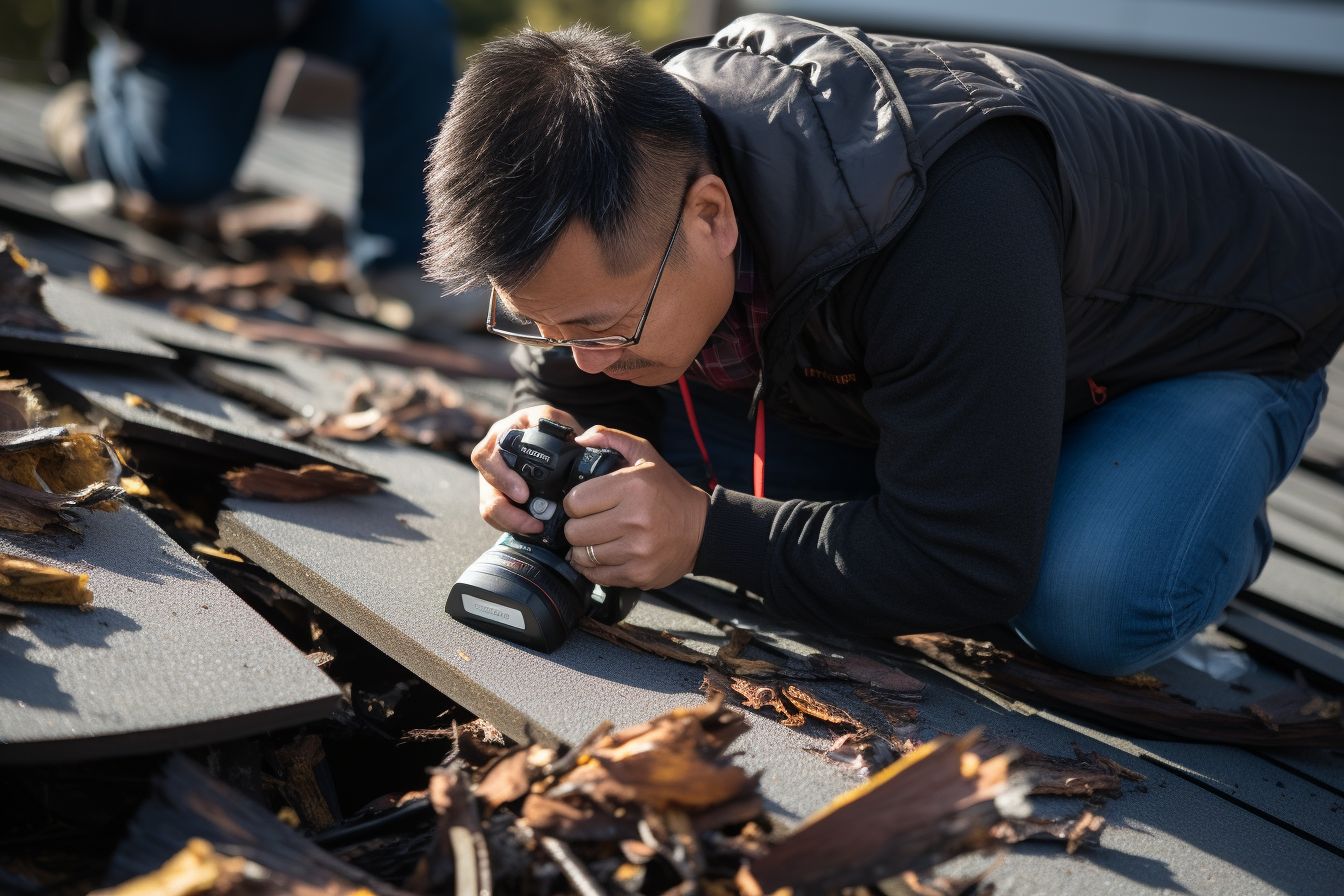 A roofer inspecting a damaged roof with missing shingles. A roofer inspecting a damaged roof with missing shingles.