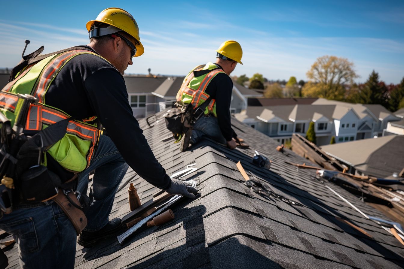 Specialized roofing contractors inspect roof using aerial photography for safety. Specialized roofing contractors inspect roof using aerial photography for safety.