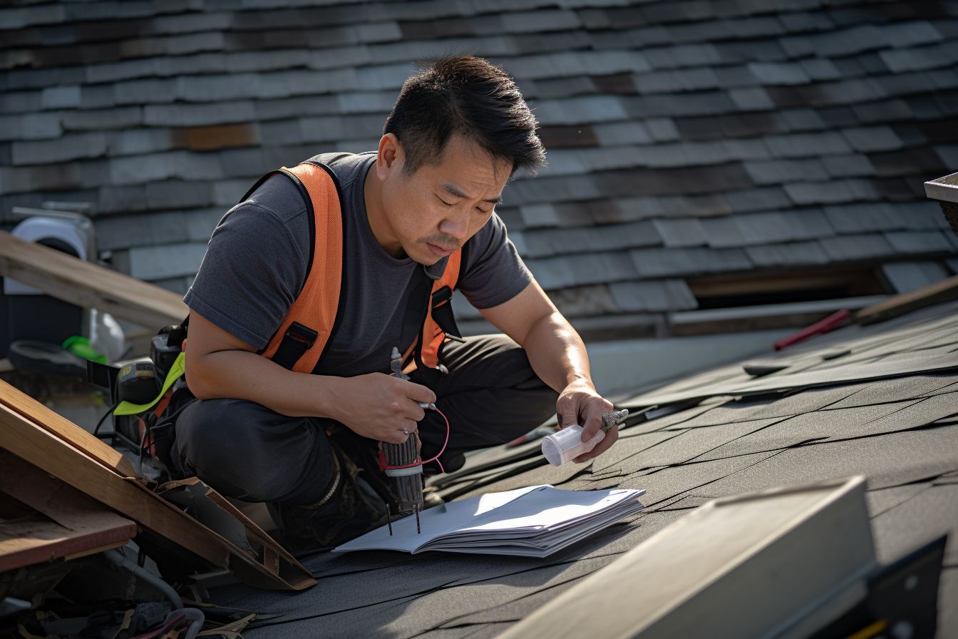 A professional roofer inspecting a damaged roof with tools and clipboard. A professional roofer inspecting a damaged roof with tools and clipboard.