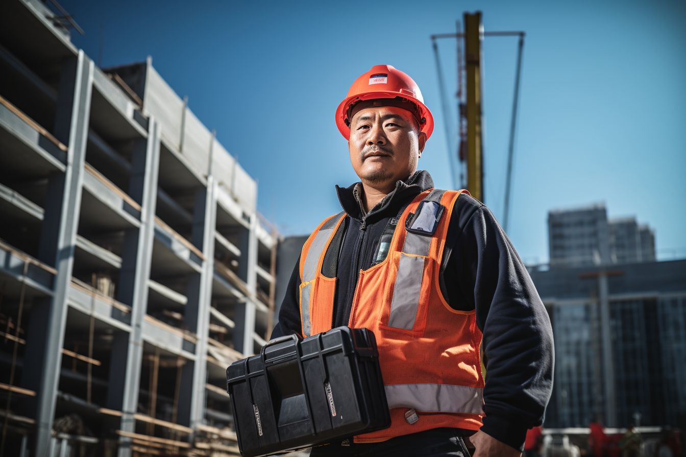 Professional contractor holding toolbox at construction site, East Asian ethnicity. Professional contractor holding toolbox at construction site, East Asian ethnicity.