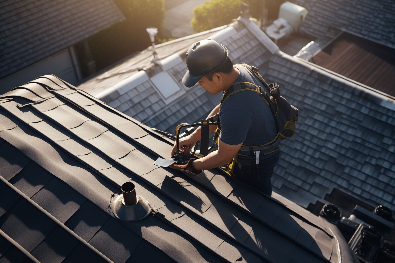 A professional roofer inspecting a roof with a drone. A professional roofer inspecting a roof with a drone.