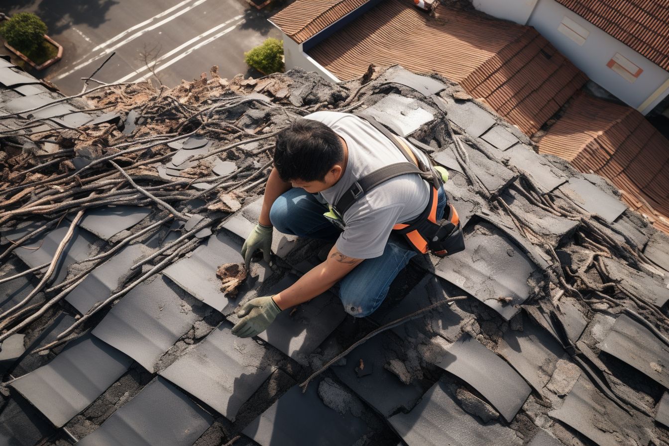 A professional roofer repairs a damaged roof using a drone. A professional roofer repairs a damaged roof using a drone.