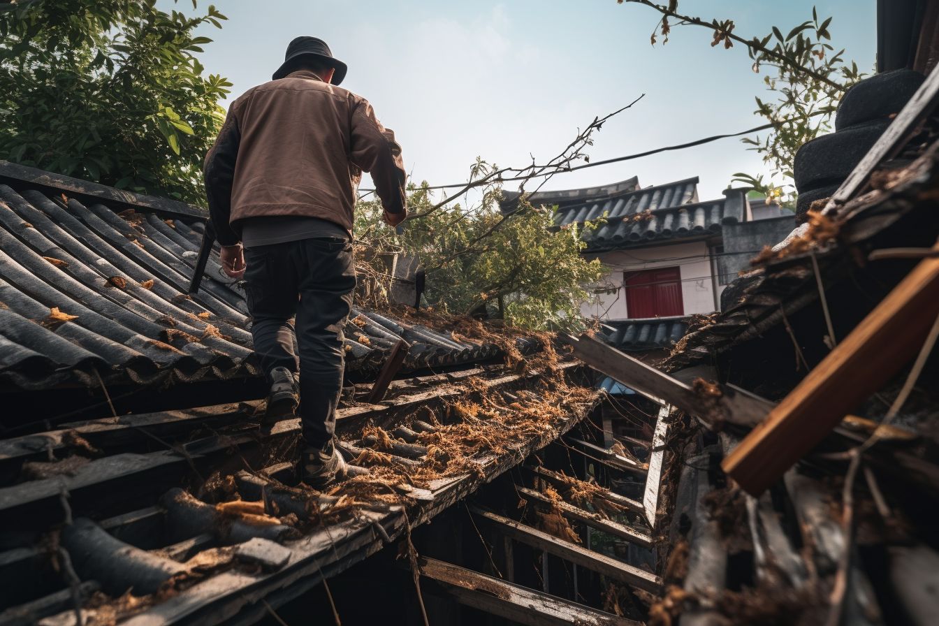 An East Asian roofer inspecting a damaged roof with a ladder. An East Asian roofer inspecting a damaged roof with a ladder.