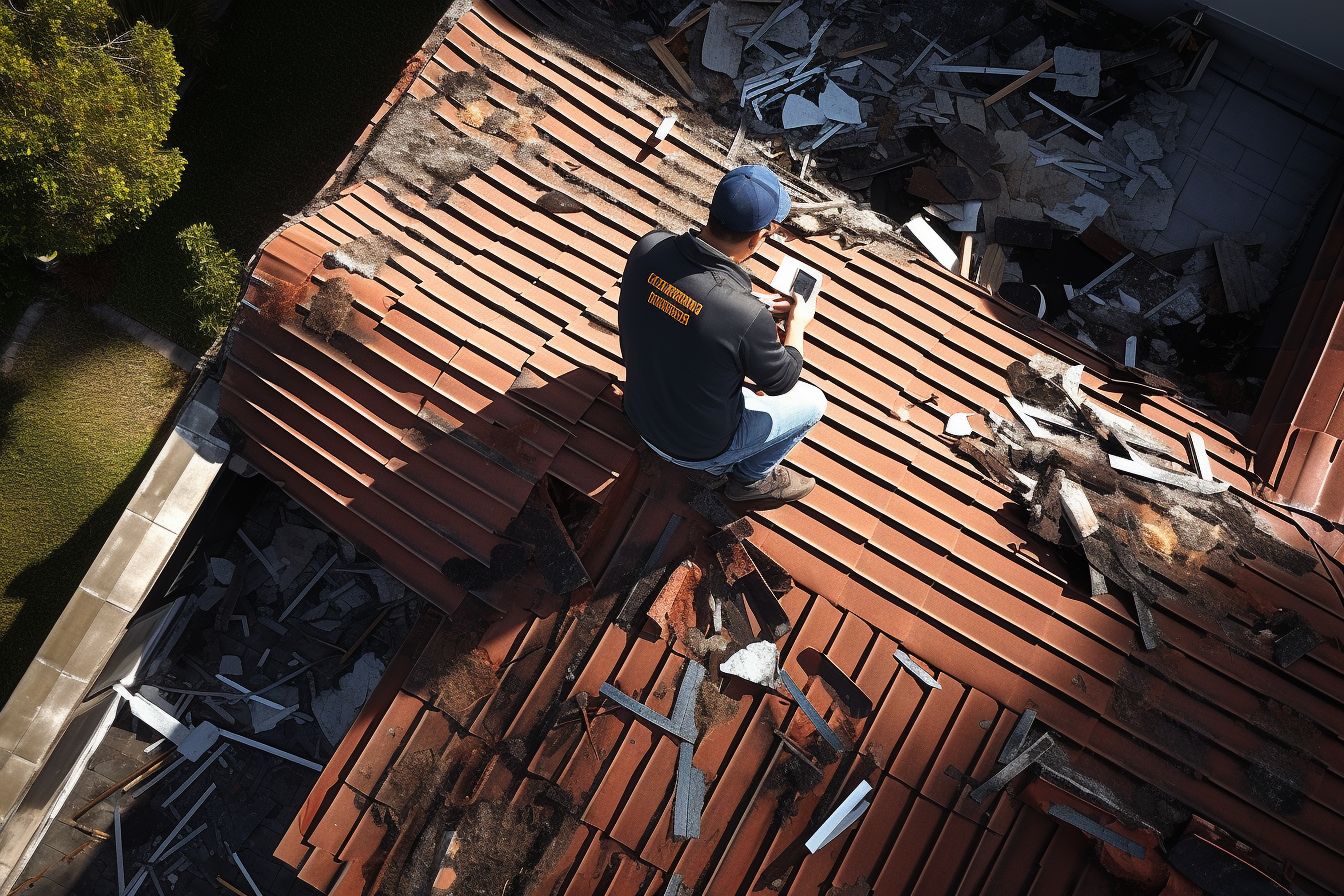 Professional East Asian roofer inspecting damaged roof using drone camera. Professional East Asian roofer inspecting damaged roof using drone camera.