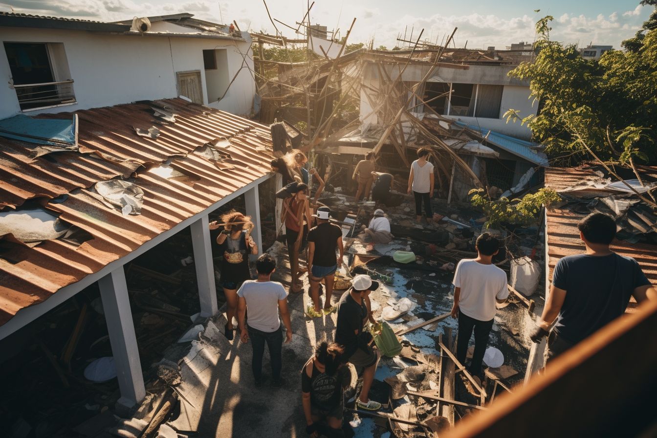 A diverse group inspecting roof damage with tools and equipment nearby. A diverse group inspecting roof damage with tools and equipment nearby.