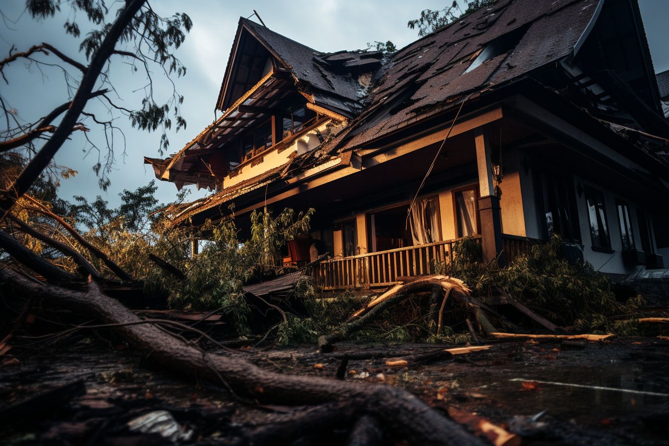 Storm damaged house with fallen tree and wide-angle lens effect. Storm damaged house with fallen tree and wide-angle lens effect.