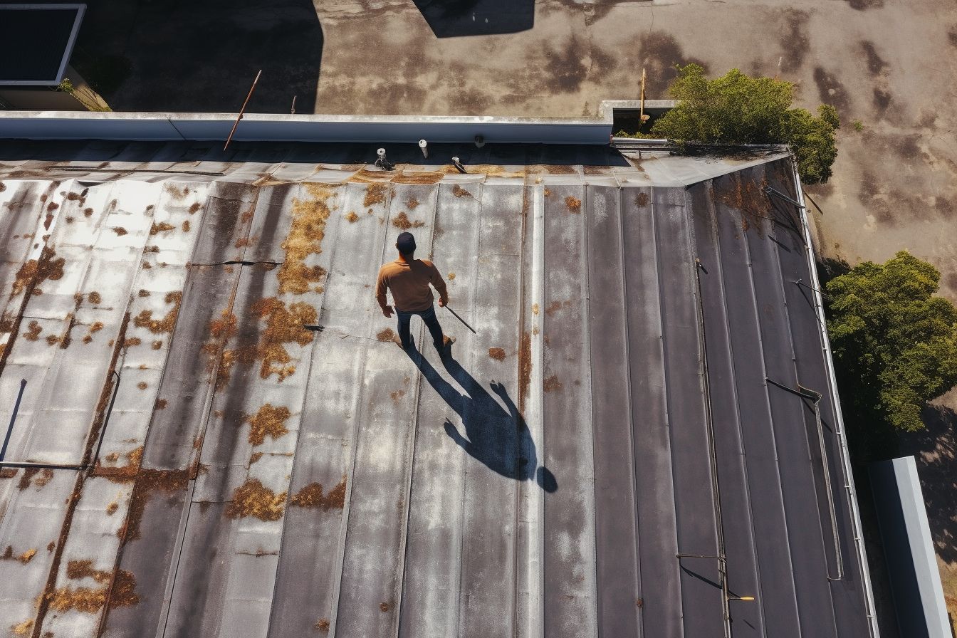 A professional roofer inspects a flat roof using drone photography. A professional roofer inspects a flat roof using drone photography.