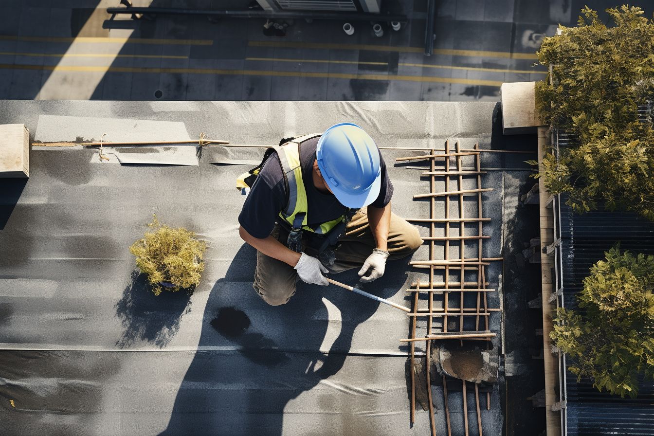 Construction worker repairing flat roof in aerial view captured by drone. Construction worker repairing flat roof in aerial view captured by drone.
