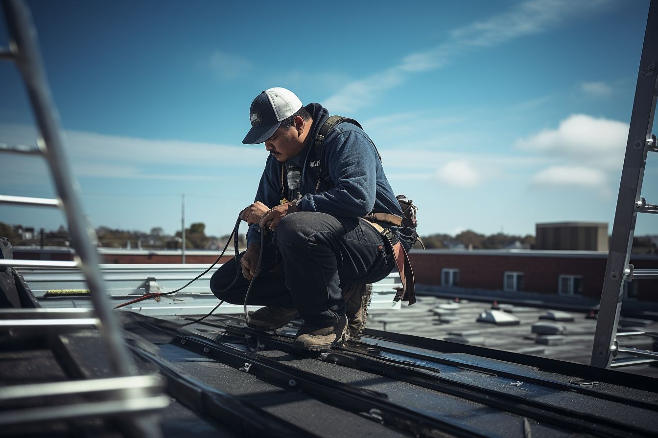 A contractor inspects a flat roof for damage using a ladder and inspection tool. A contractor inspects a flat roof for damage using a ladder and inspection tool.