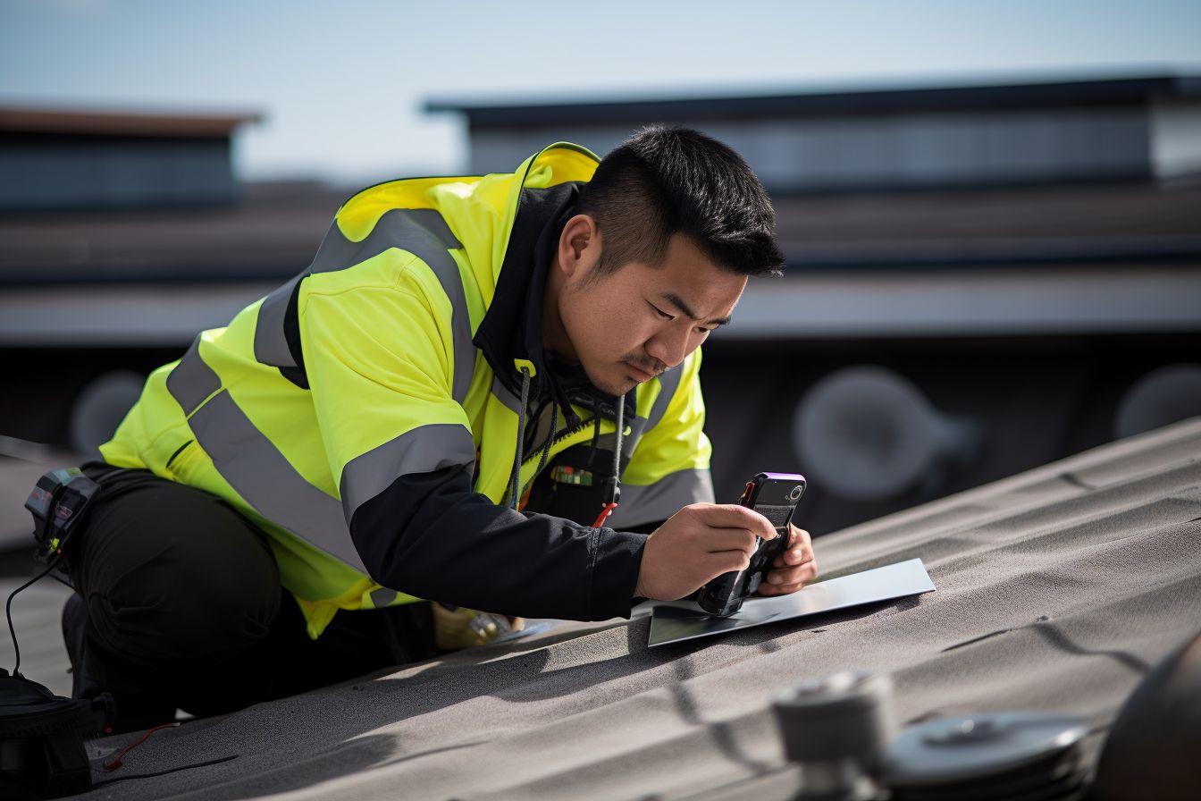 A roofer inspecting a flat roof with a magnifying glass. A roofer inspecting a flat roof with a magnifying glass.