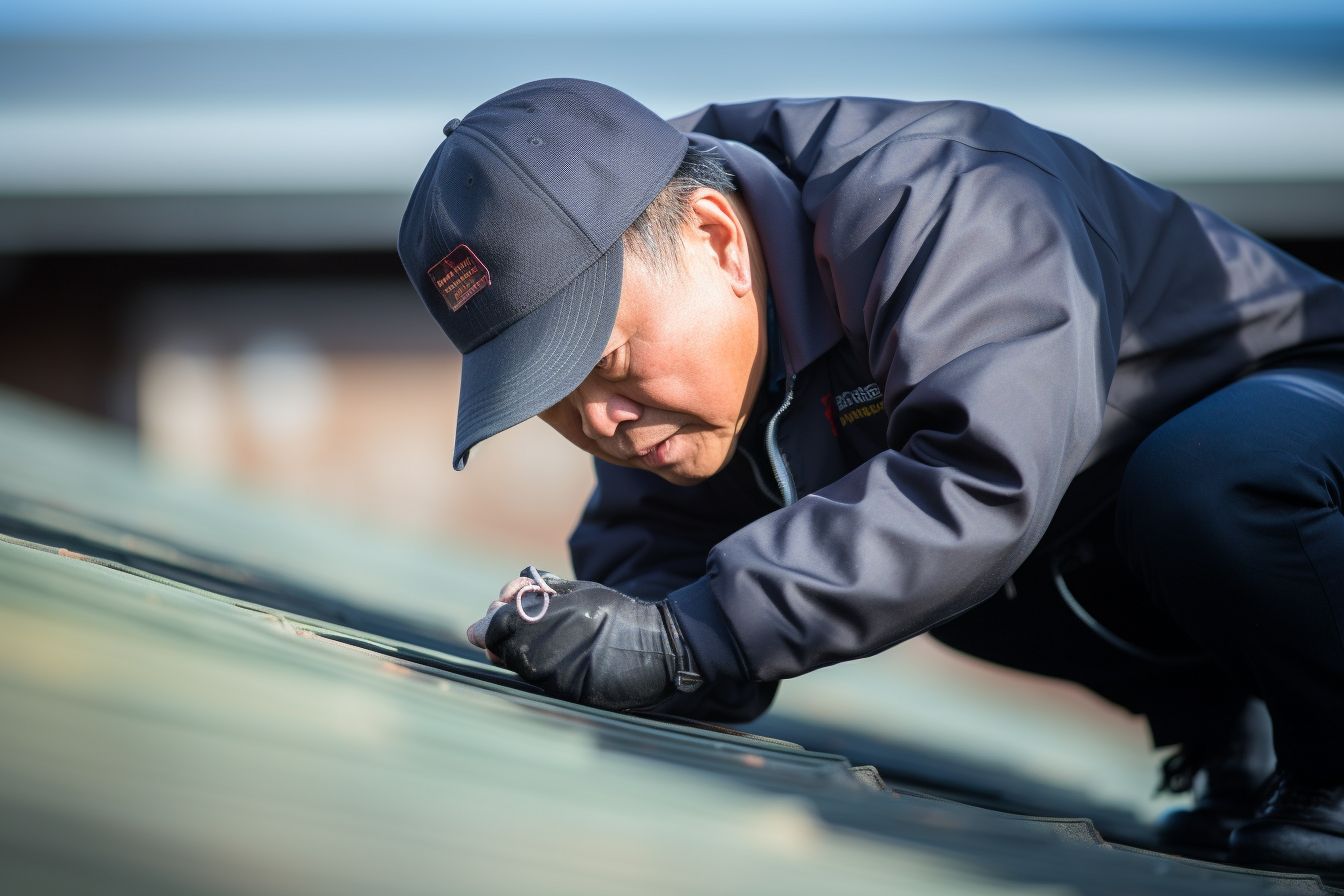 Roofing inspector inspects bubble formation in roof using telephoto lens. Roofing inspector inspects bubble formation in roof using telephoto lens.