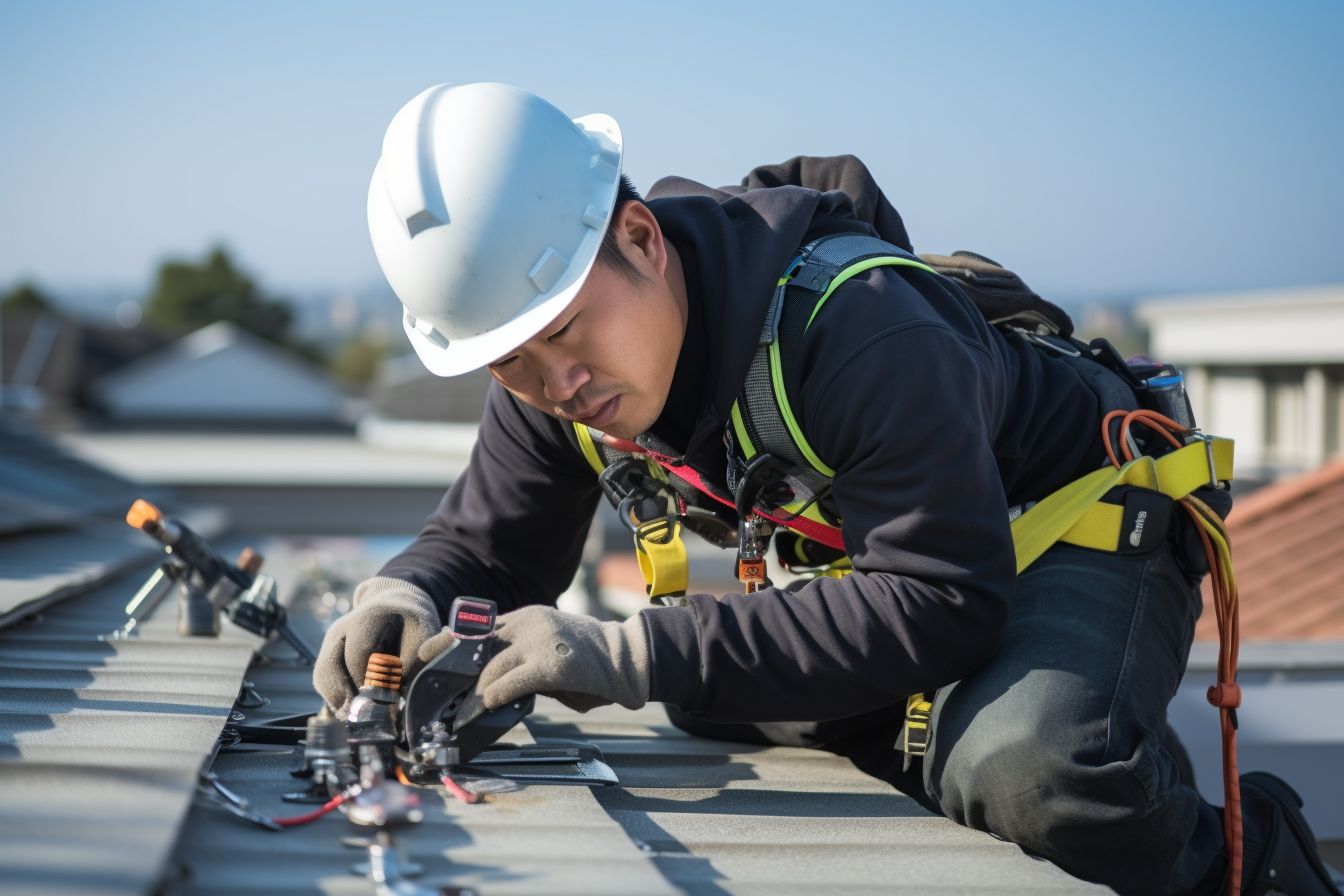 A roofer inspecting and repairing roof bubbles with tools and safety equipment. A roofer inspecting and repairing roof bubbles with tools and safety equipment.