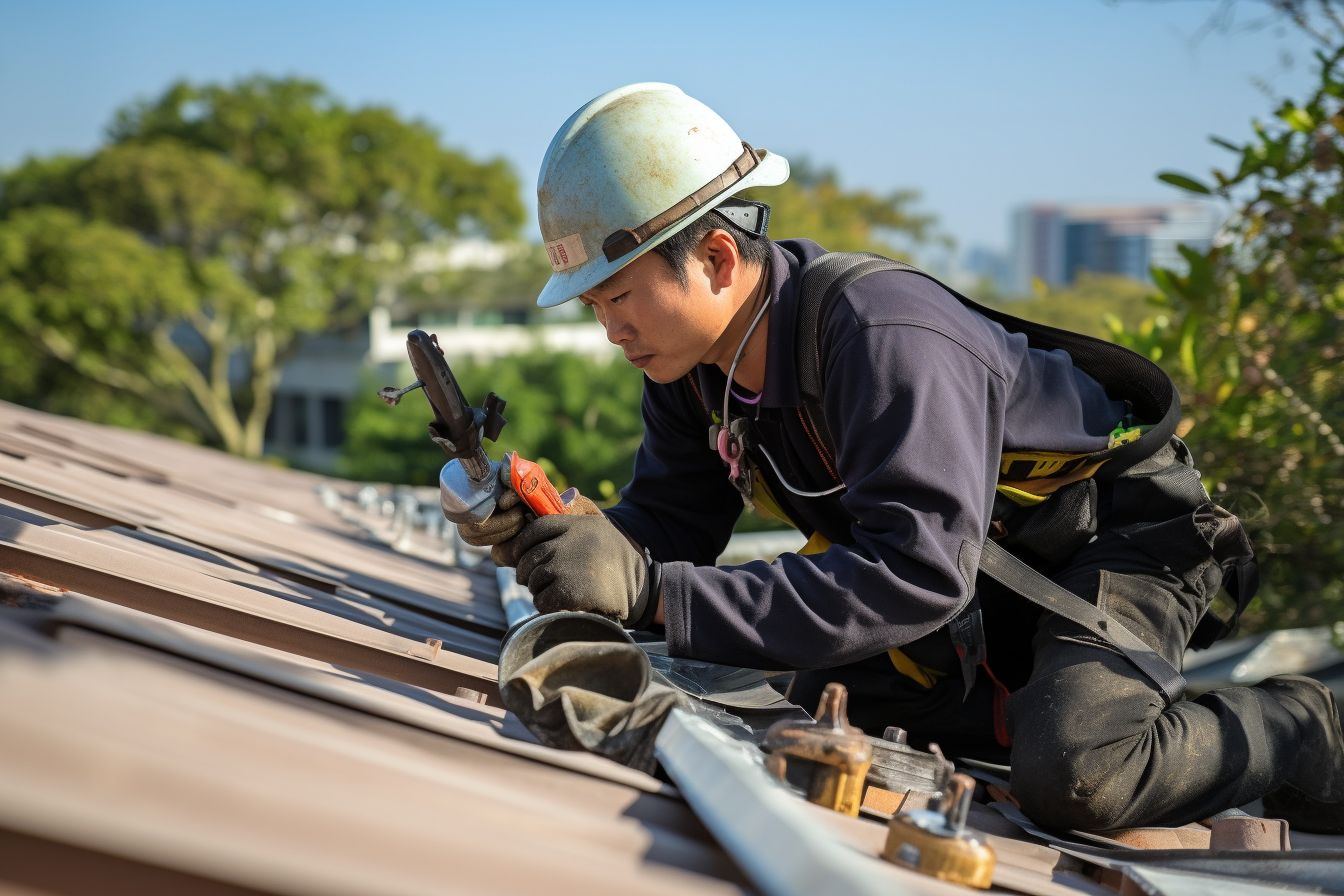 A skilled roofer inspecting a damaged roof with tools. A skilled roofer inspecting a damaged roof with tools.