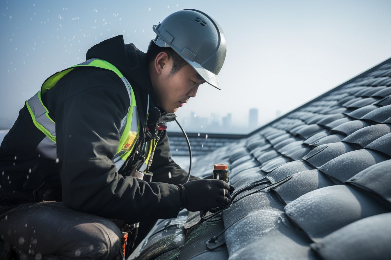 A professional roofer inspecting a roof for bubbles with a thermal imaging camera. A professional roofer inspecting a roof for bubbles with a thermal imaging camera.