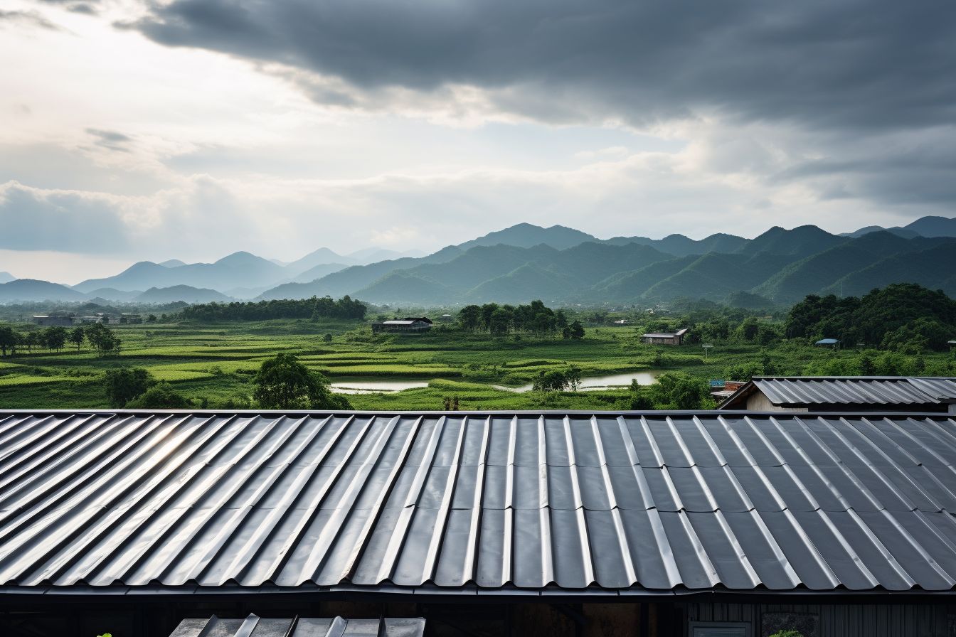 A metal-roofed rooftop in a picturesque landscape with East Asian ethnicity.
