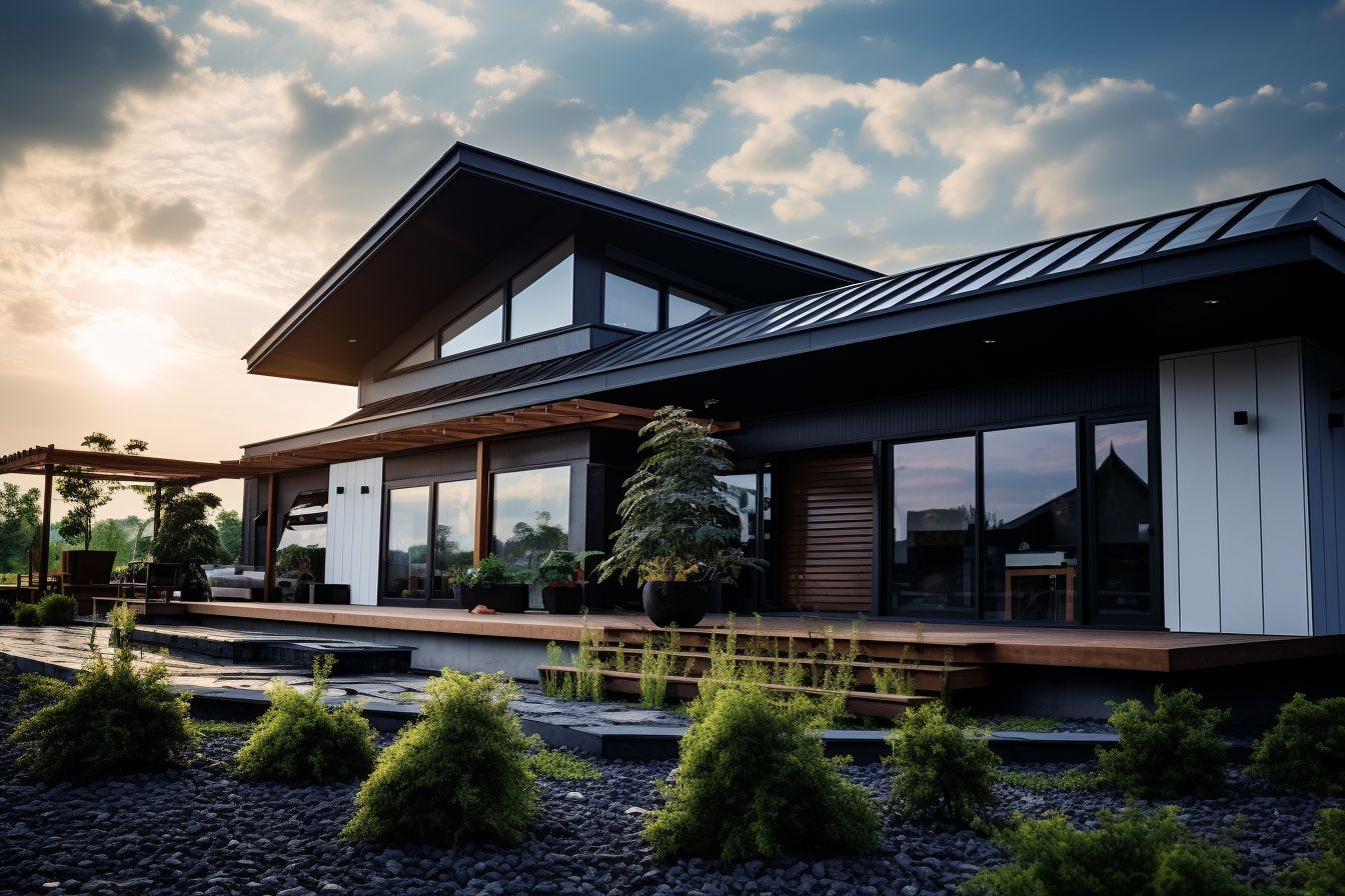 A contemporary house with a metal roof, captured from a wide-angle perspective.