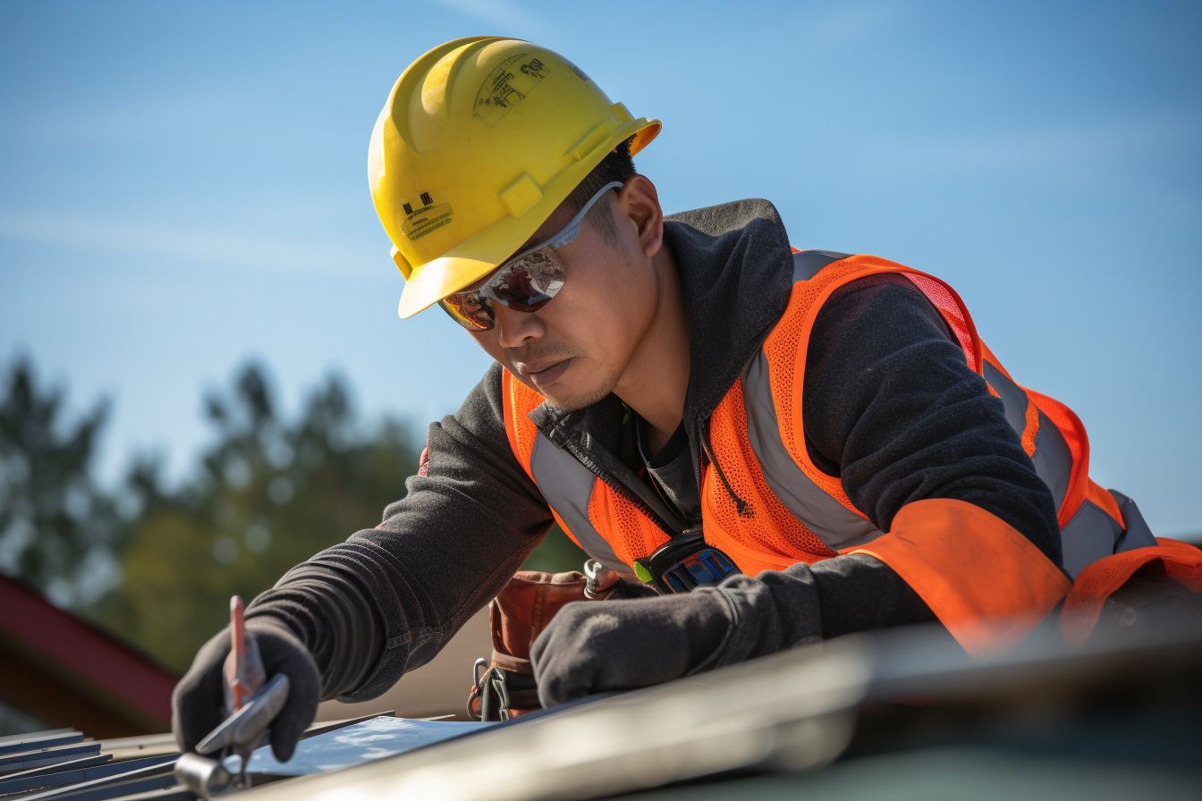 A roofing contractor examines and repairs a metal roof.