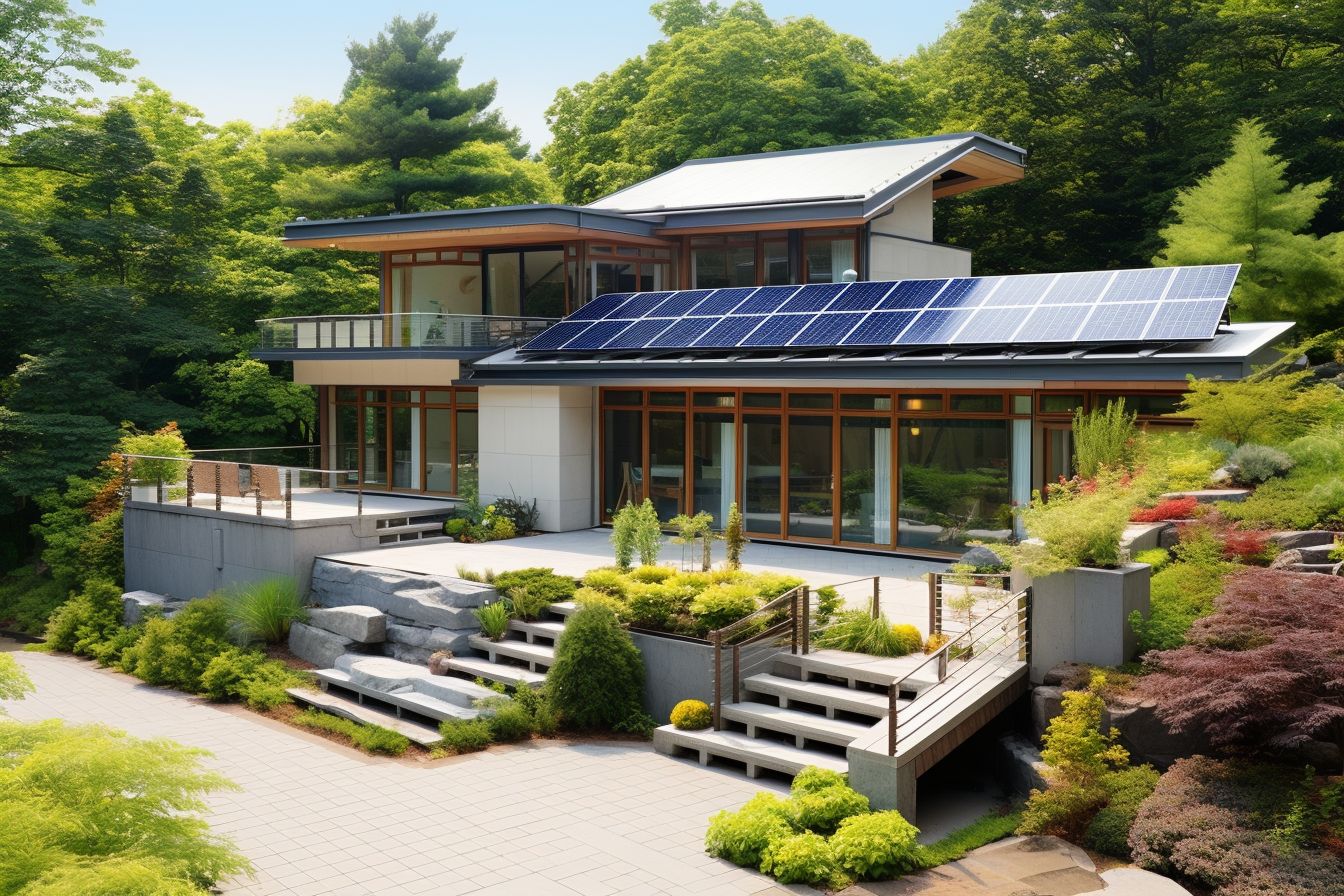 A modern, energy-efficient home with solar panels and lush landscaping. A modern, energy-efficient home with solar panels and lush landscaping.
