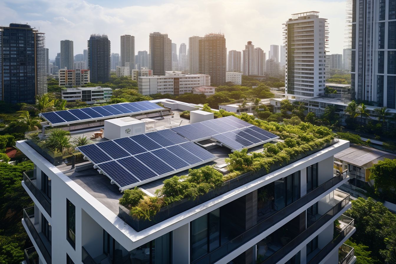 Modern residential building with solar panels, cityscape photography, captured with a drone. Modern residential building with solar panels, cityscape photography, captured with a drone.