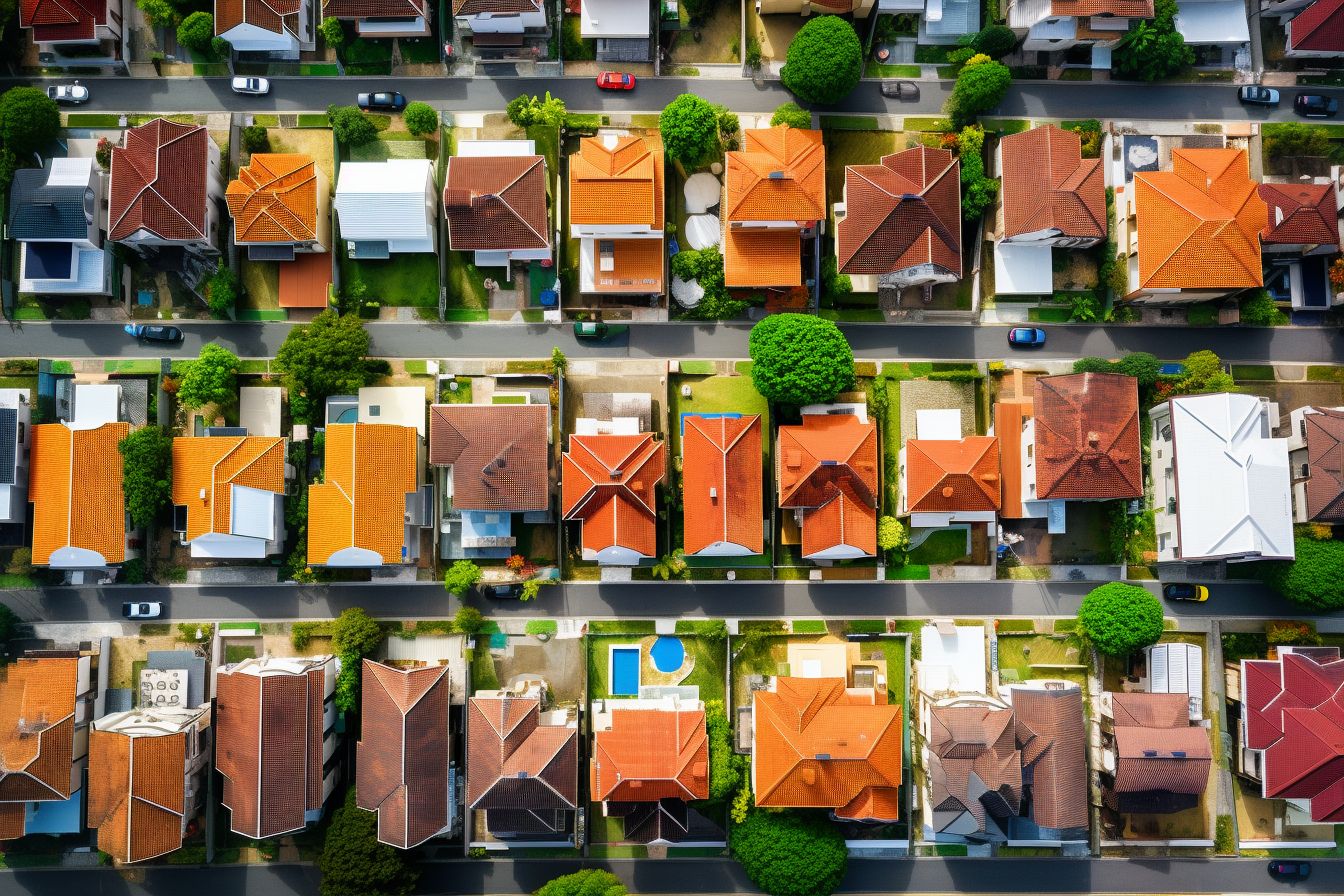 Aerial view of energy-efficient roofs in a suburban neighborhood. Aerial view of energy-efficient roofs in a suburban neighborhood.