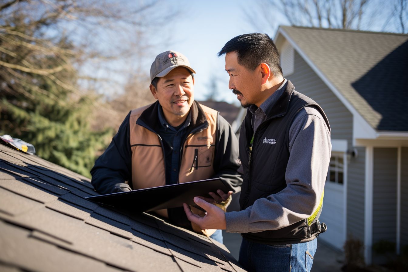 Homeowner discussing Energy Star roof options with roofing contractor. Homeowner discussing Energy Star roof options with roofing contractor.