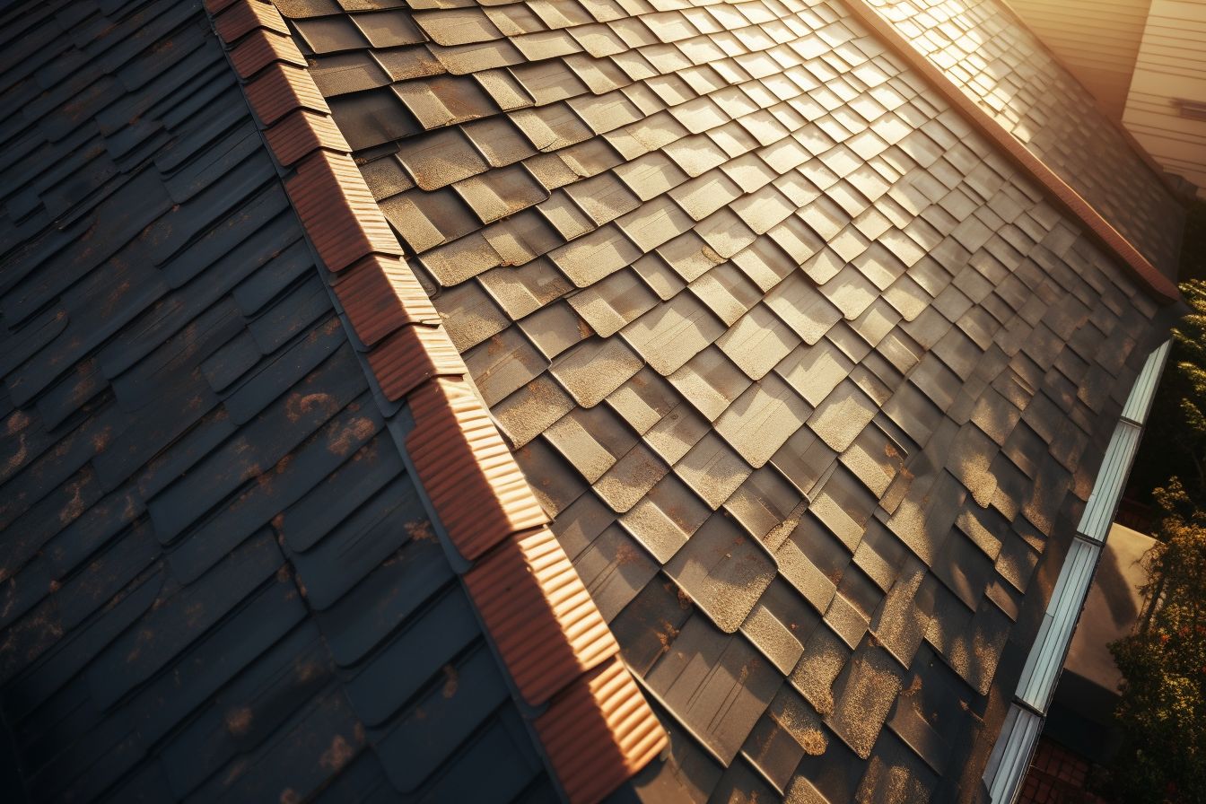 Aerial photo of solar shingle roof installation with sunlight highlighting. Aerial photo of solar shingle roof installation with sunlight highlighting.