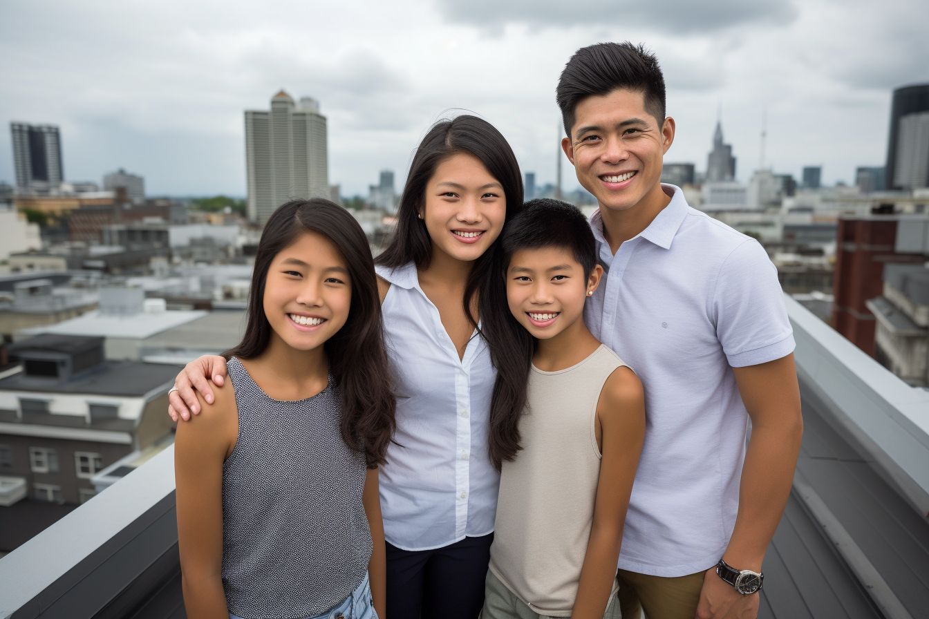 A modern Asian family on a rooftop with energy-efficient roofing.