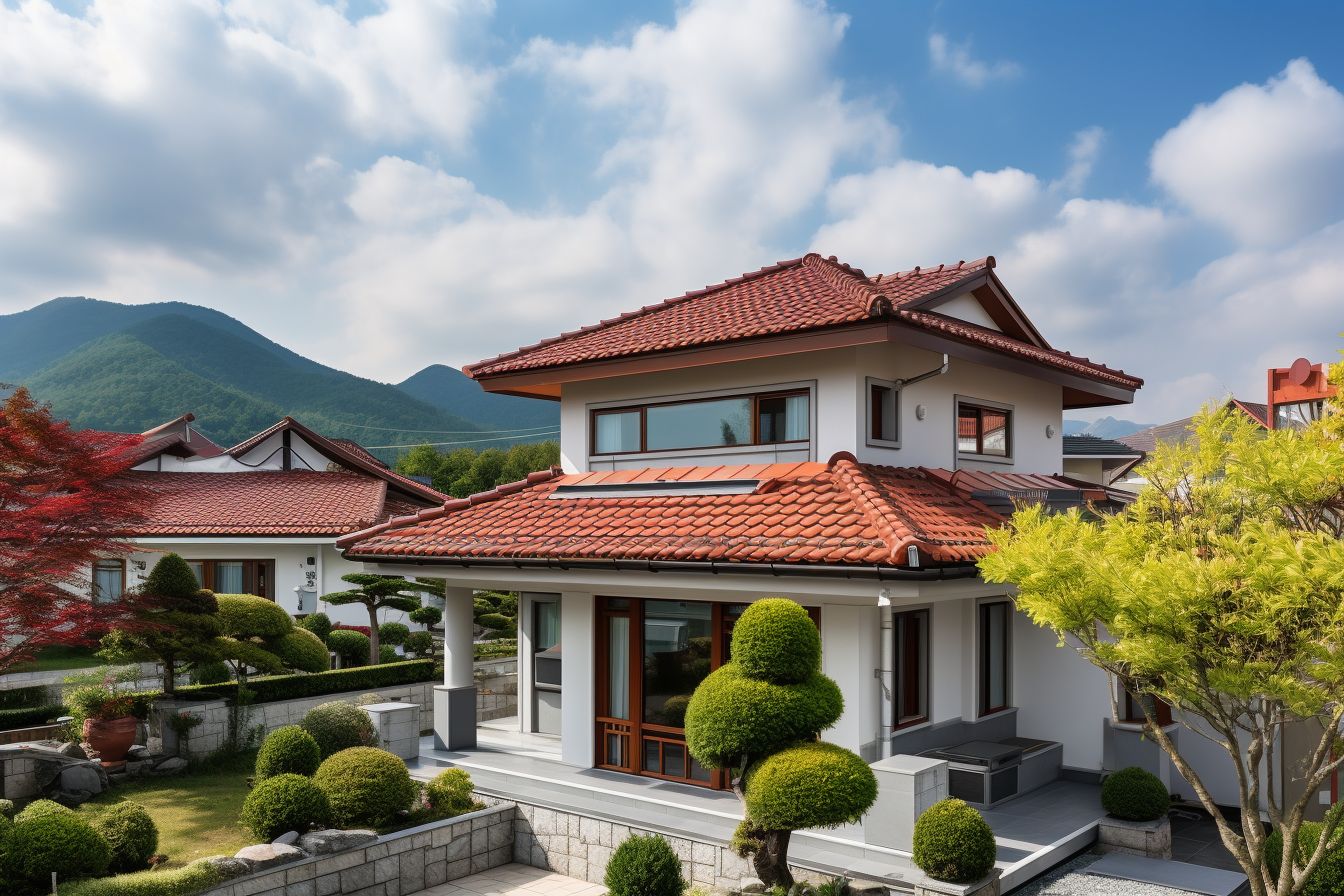 A modern suburban house featuring a tiled roof in a residential neighborhood.